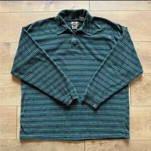Vintage Metro One Green Blue Stripe Velour Quarter Zip Size Medium